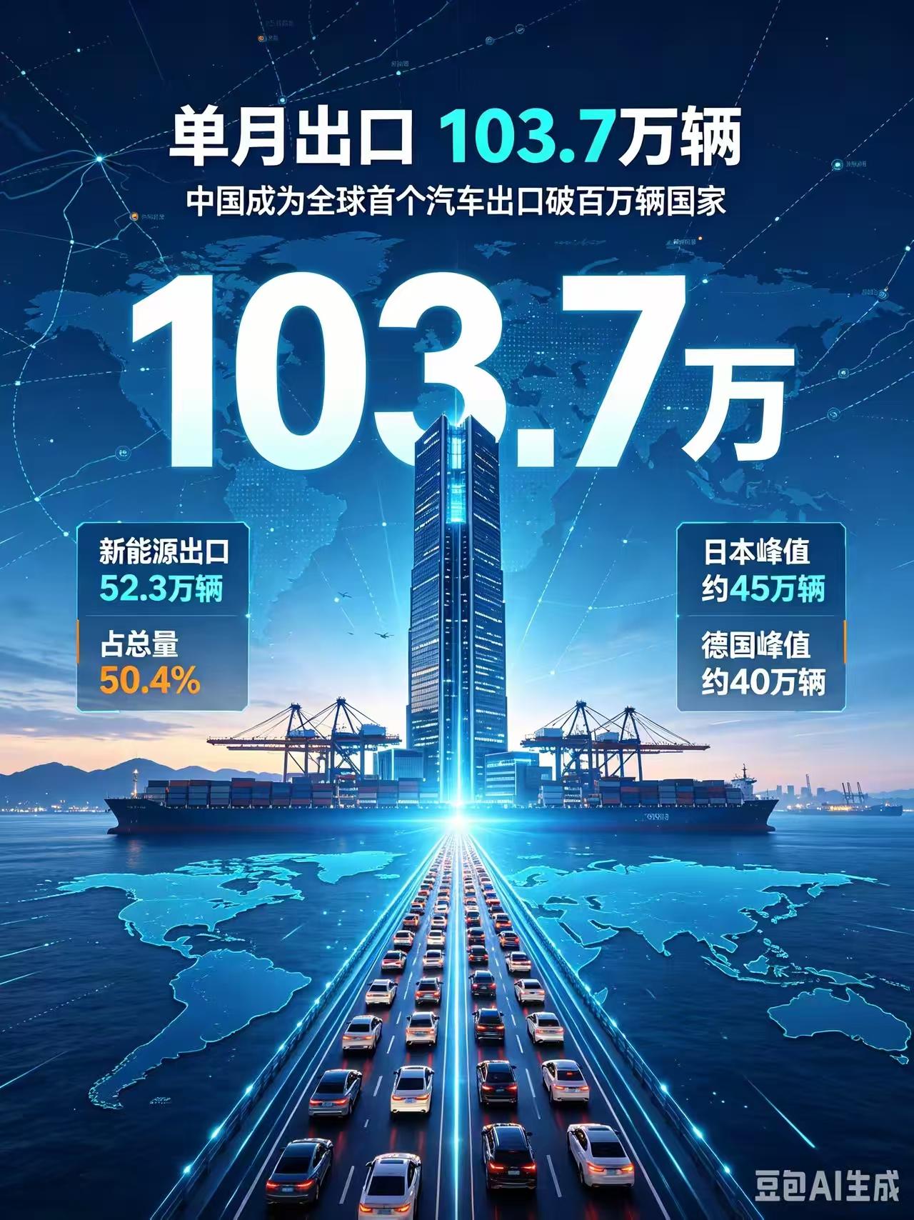 中国汽车单月出口103.7万台，其中新能源52万台，超过日本和德国的45万辆和4