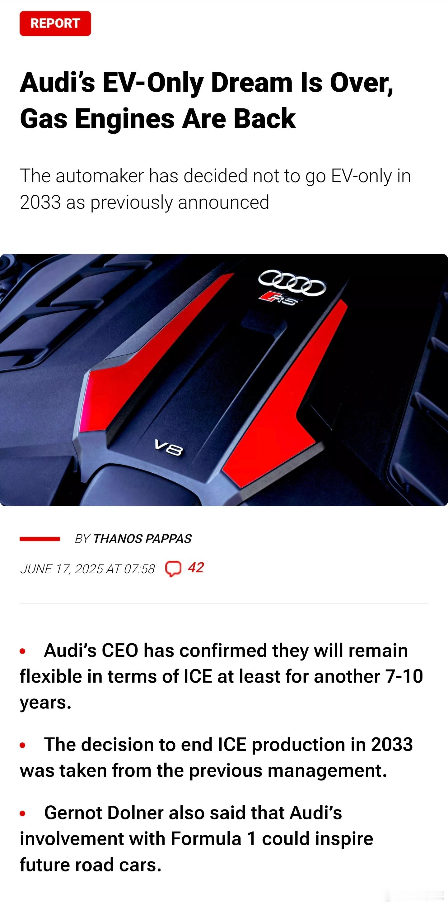 奥迪暂停全面电动化 奥迪彻底不装了，正式暂停电动化。CEO高德诺亲口确认：原定2