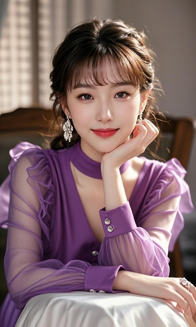 在人群中瞥见那位优雅的紫衣少女，瞬间就被吸引住了。她身着一袭紫色的裙装，紫色本就