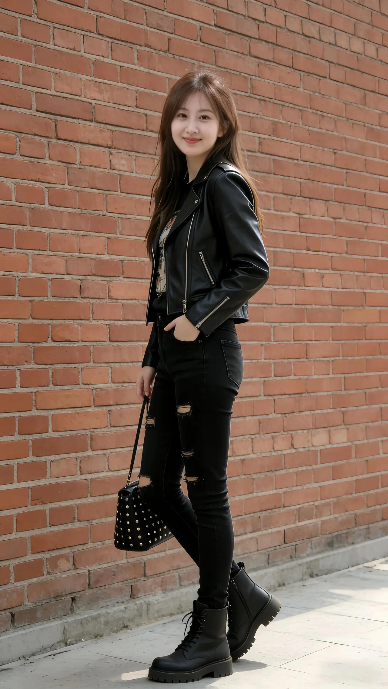 都市酷女孩穿搭指南，黑色皮夹克+破洞牛仔裤，时尚又帅气！