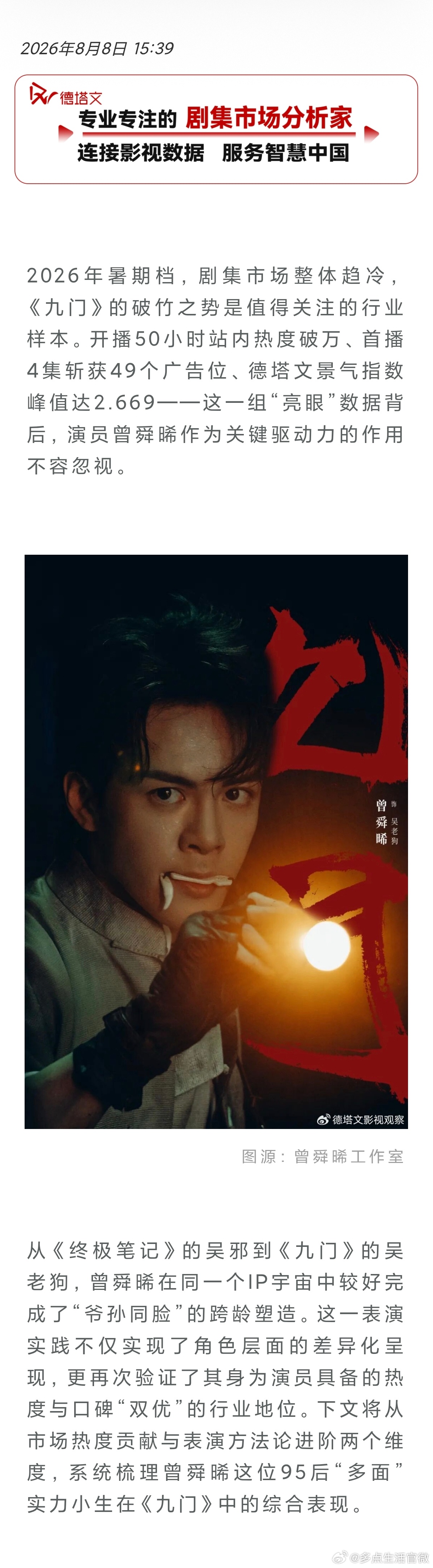德塔文认证曾舜晞九门核心热度支柱 线上的讨论度和线下的口碑都是非常的不错，德塔文