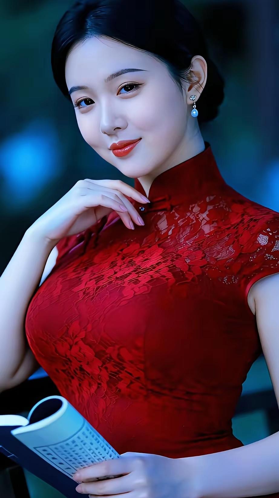 这位女士穿着红色旗袍，优雅而美丽。