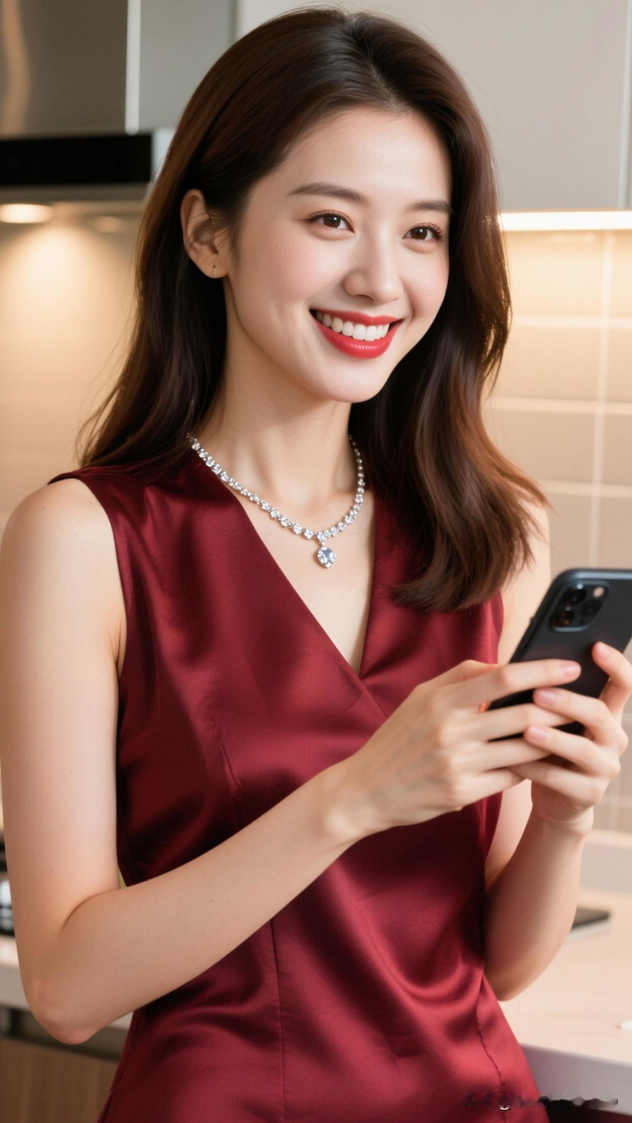 ✨ 红衫像盛着落日的杯，钻石项链坠着星子的光，厨房里的每一缕暖都浸着鲜活的甜。红