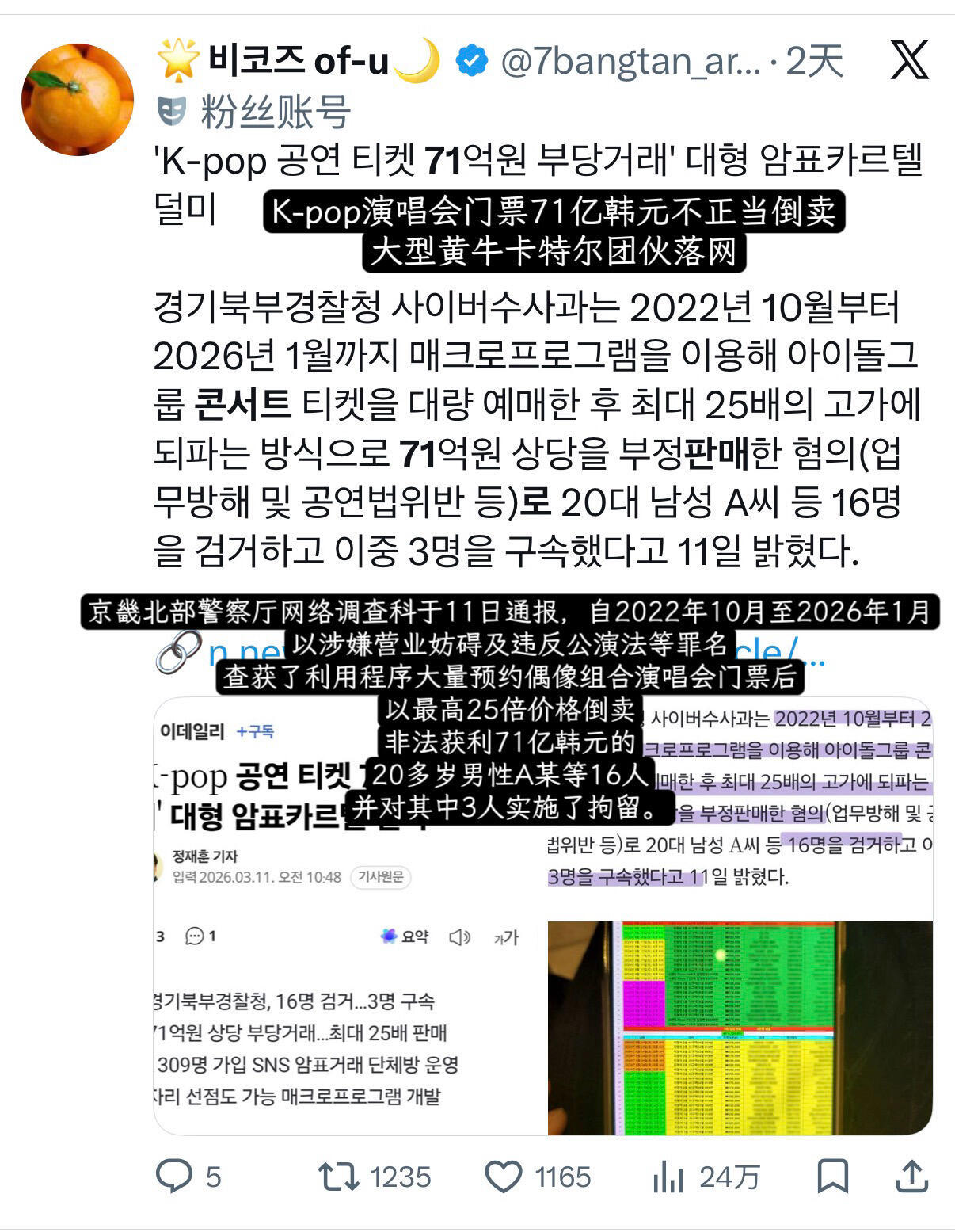 韩国演唱会黄牛赚了71亿韩元 