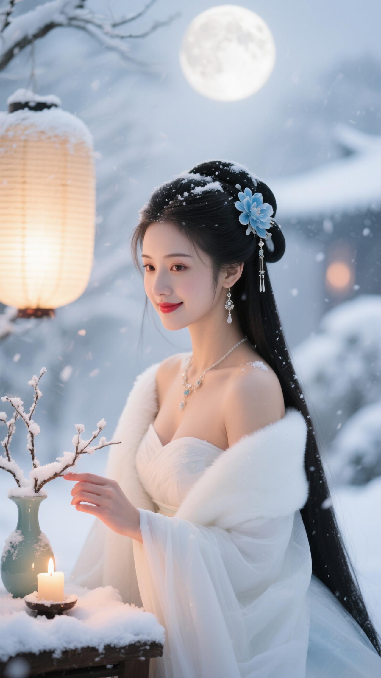 鹧鸪天·雪夜梅灯
 
罗袂生香立雪间，白绡轻覆玉光绵。银簪暗锁玲珑韵，梅蕊明承寒