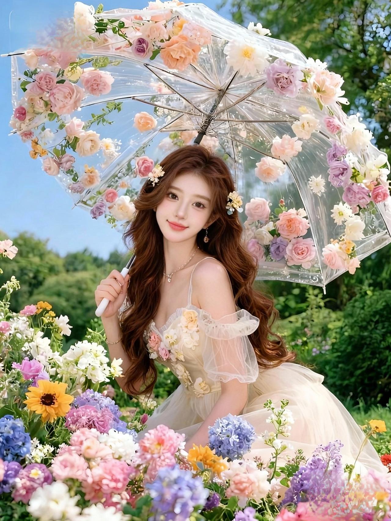 花开花落，伞下美人笑。花美人更美 庭前花落 独对花开花落时