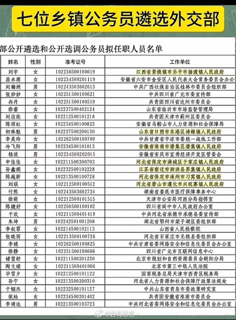 2025年外交部拟录取遴选多人，其中七人来自乡镇。​从乡镇镇长遴选到外交部，太厉