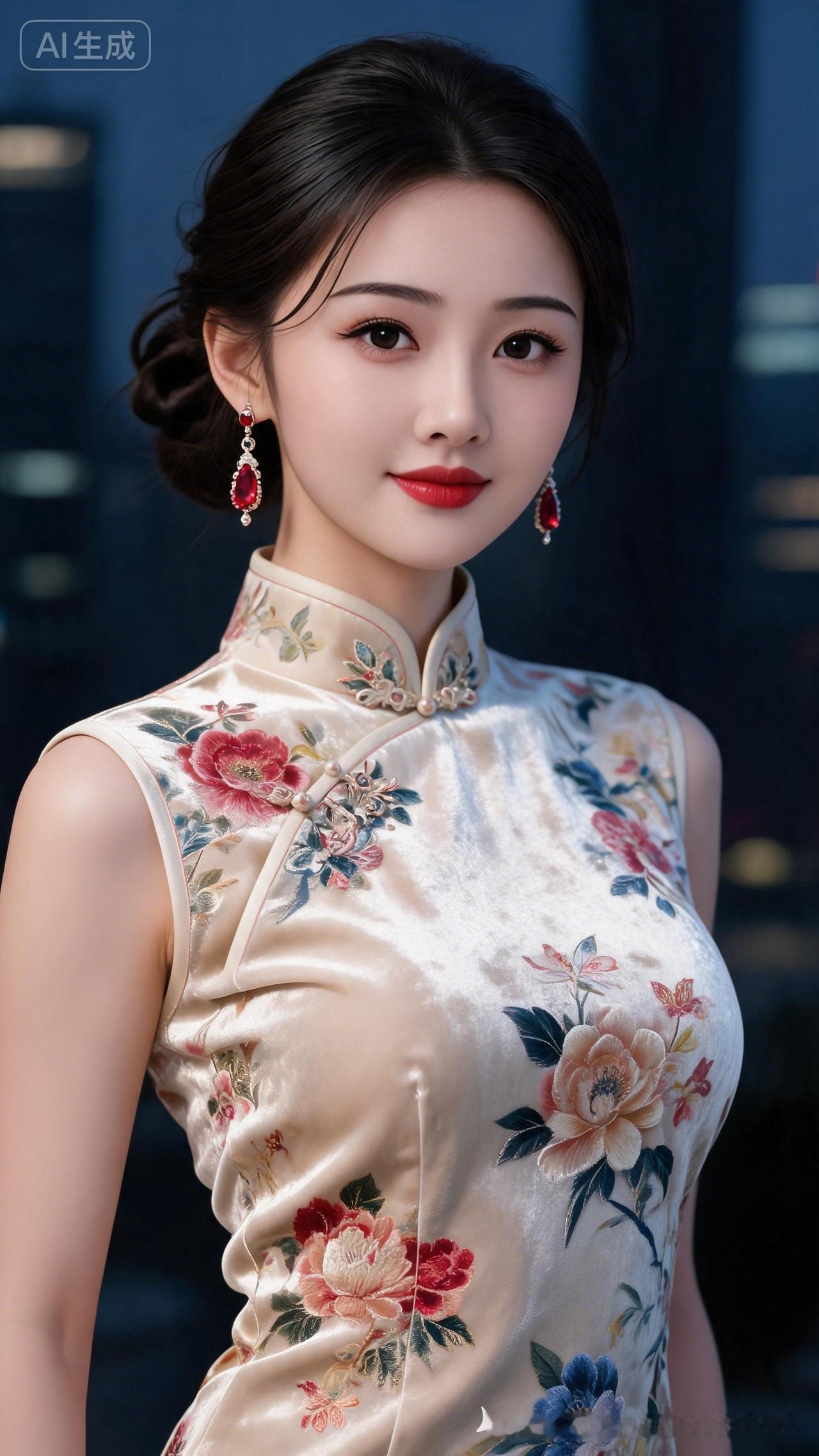 绝色佳人挽起乌黑秀发，红宝石耳坠华贵亮眼，身着刺绣花卉真丝绒无袖立领旗袍，身姿丰