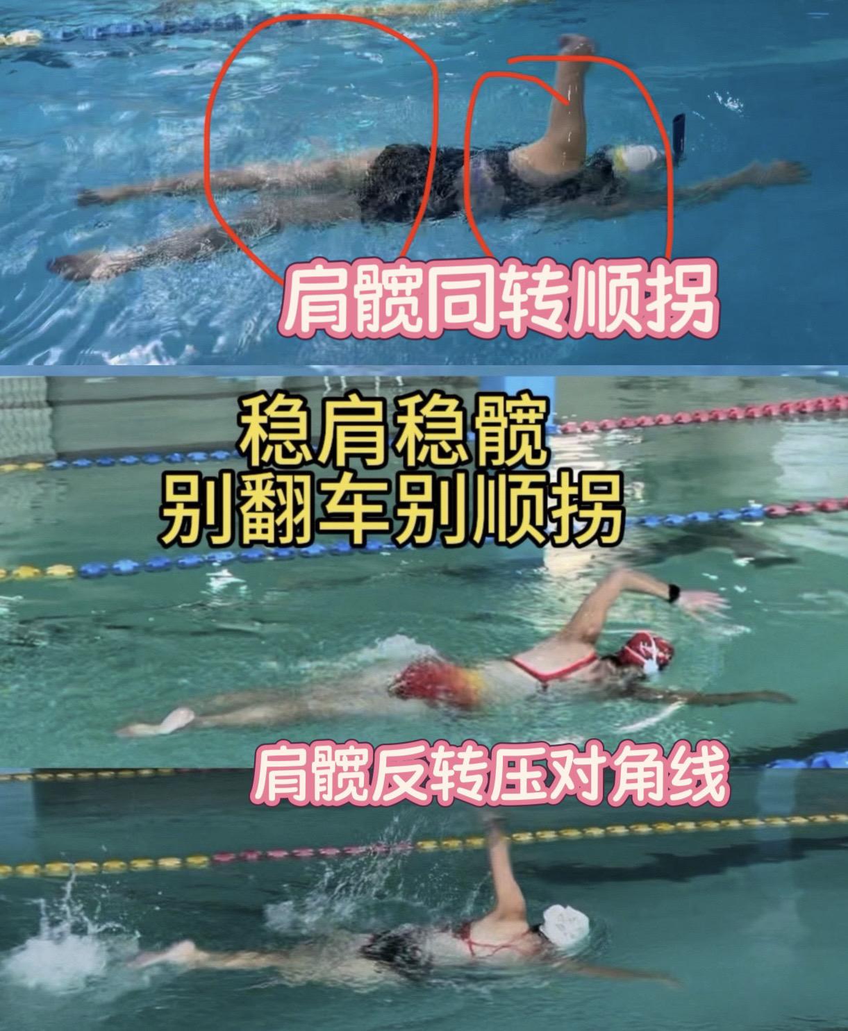肩髋同转顺拐翻车VS肩髋反转压对角线。应该是右手入水打左腿，右手入水往前伸的时候