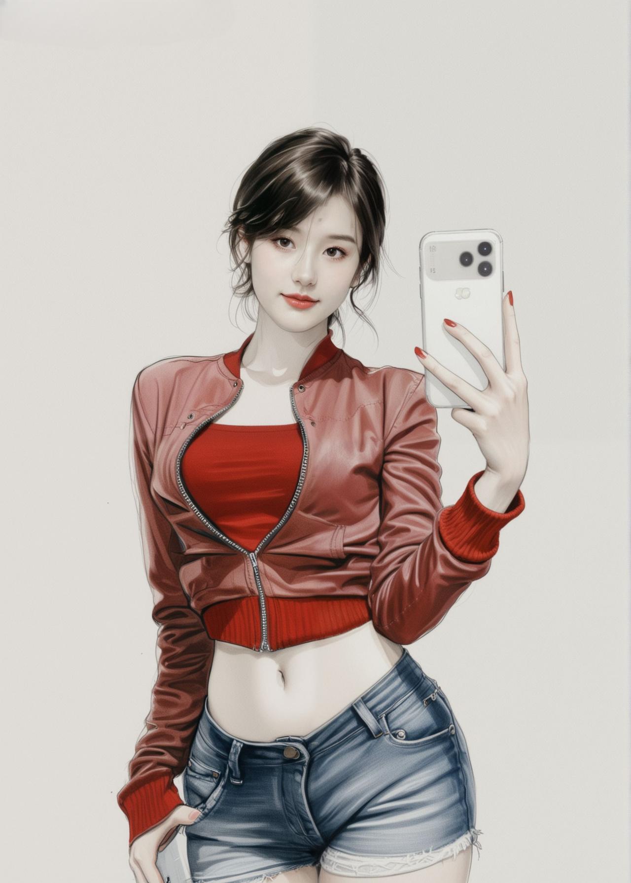 元气少女自拍📸，红衣皮夹克+牛仔短裤，时尚又可爱！