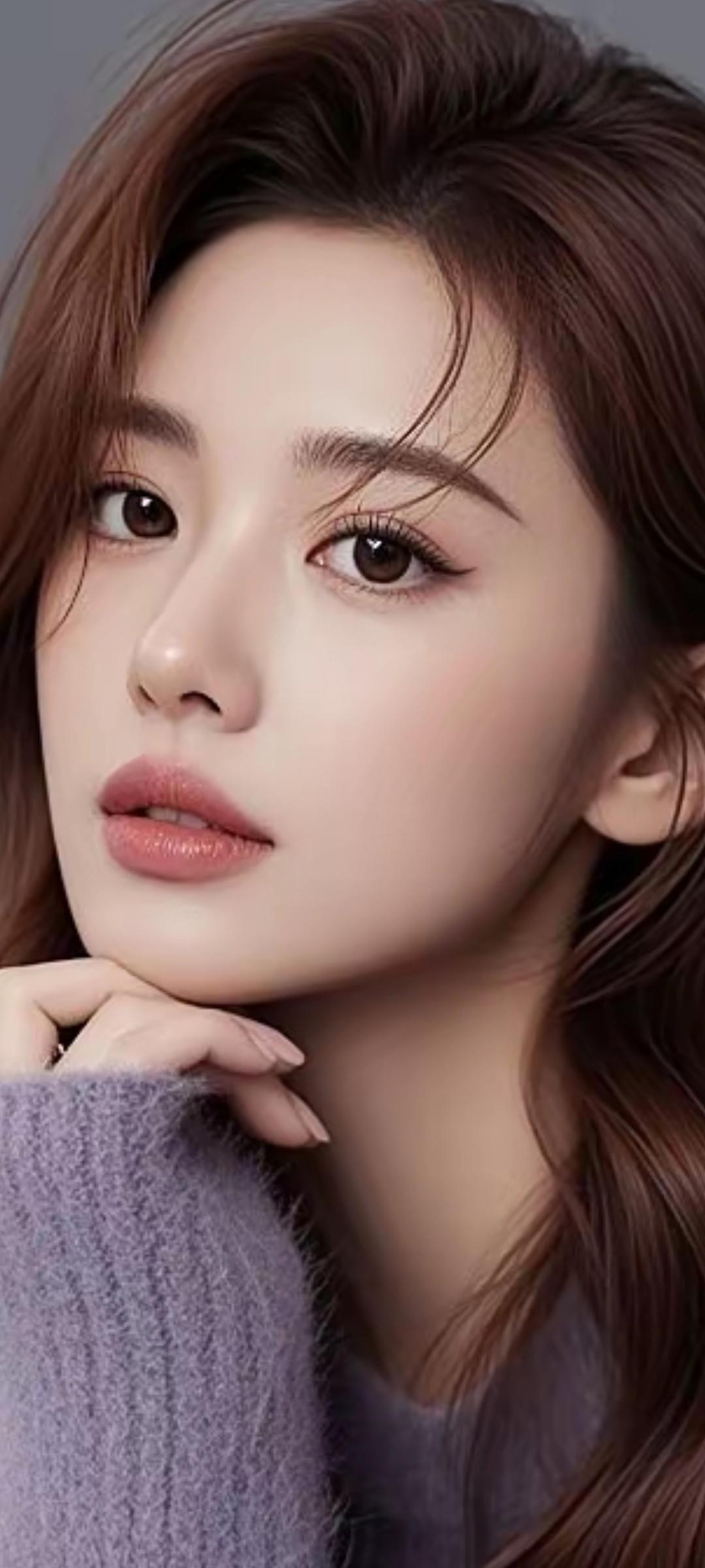 温柔甜美的少女，浅紫色毛衣，自然妆容，散发着优雅的气质。