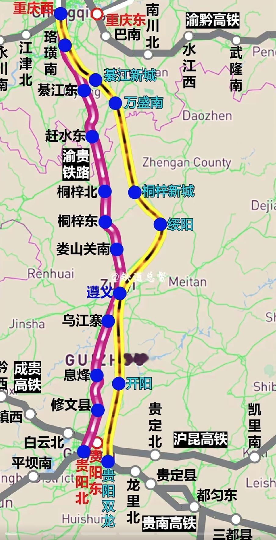 渝贵高铁线路走向与站点规划！
 
渝贵高铁新建线路全长大约347公里，其中重庆境