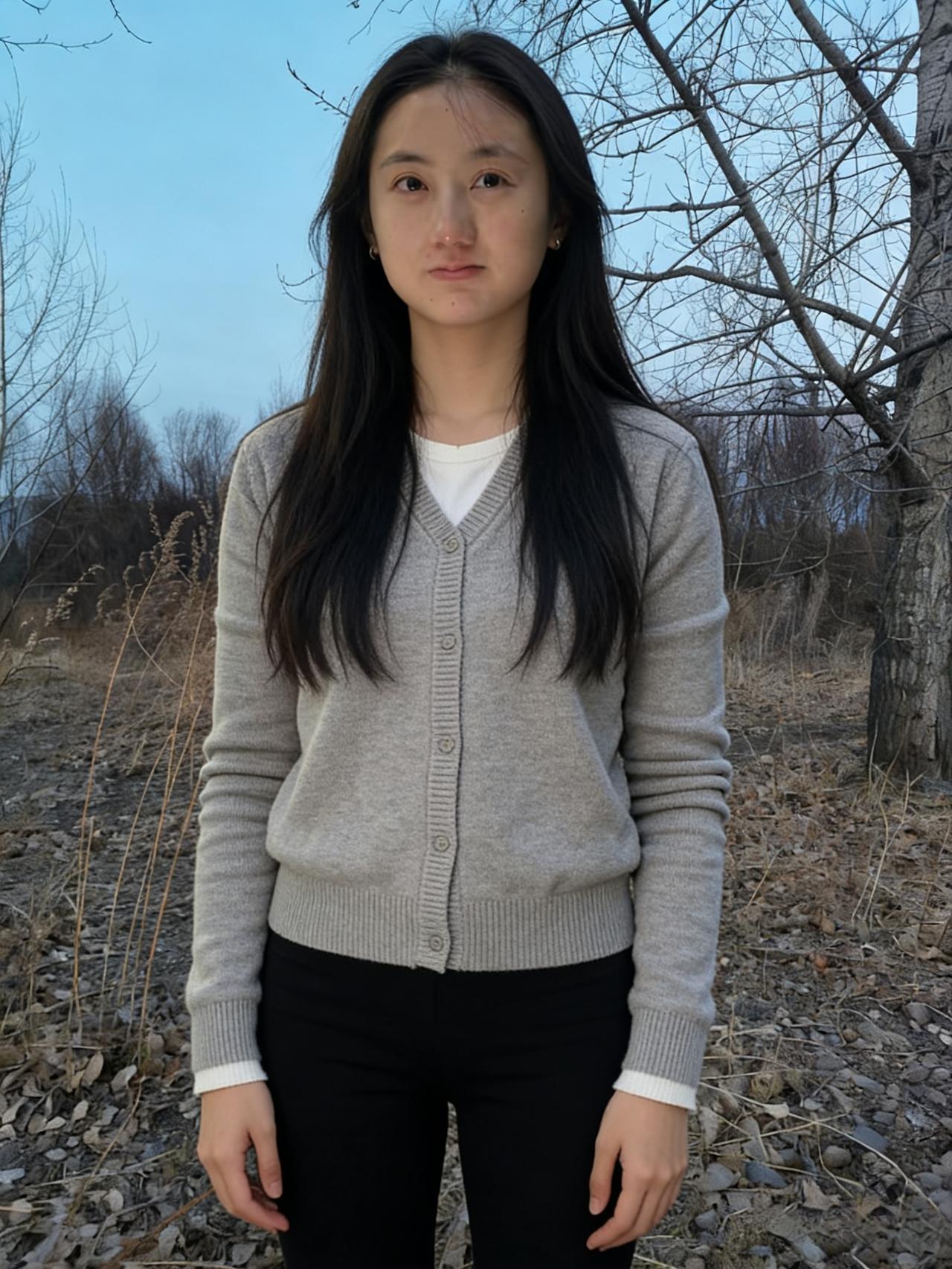 枯木映疏影，轻衫衬玉容。
不言心自远，天地入襟胸。