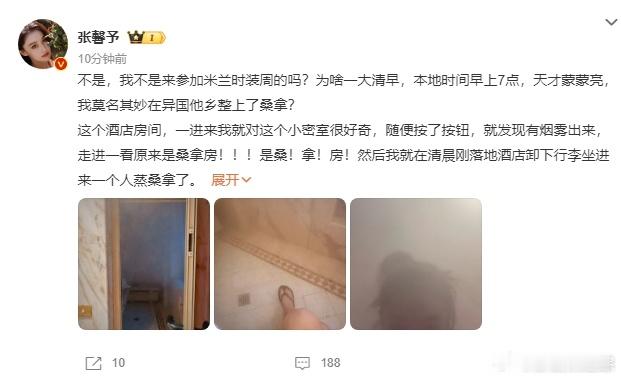 张馨予在意大利整上了桑拿  张馨予在意大利蒸桑拿  酒店密室逃脱失败实录：误触机