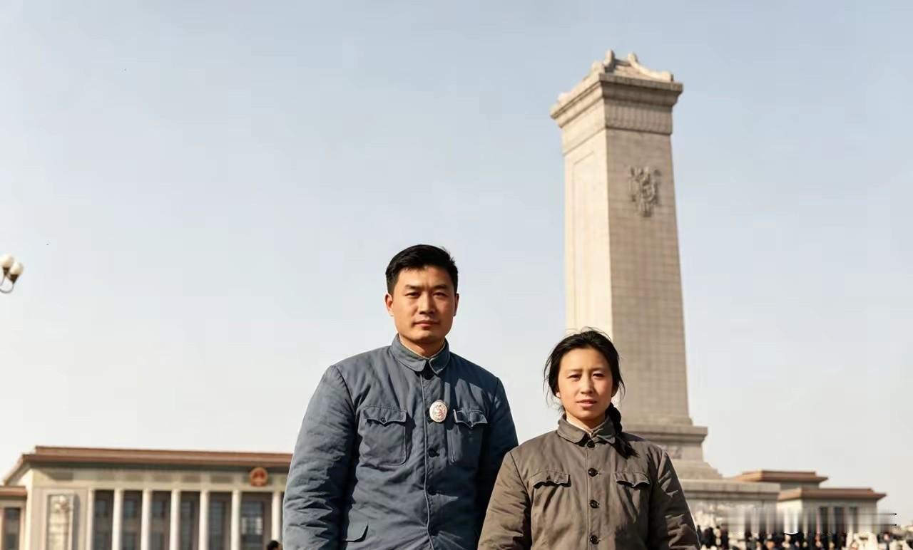 1976年，北京天安门广场人民英雄纪念碑前方。陈小鲁与妻子粟惠宁同框合影，二人衣