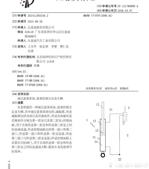 技术巡猎  比亚迪 液压悬架系统、悬架控制方法及车辆。悬架高度的调节，“快”，并