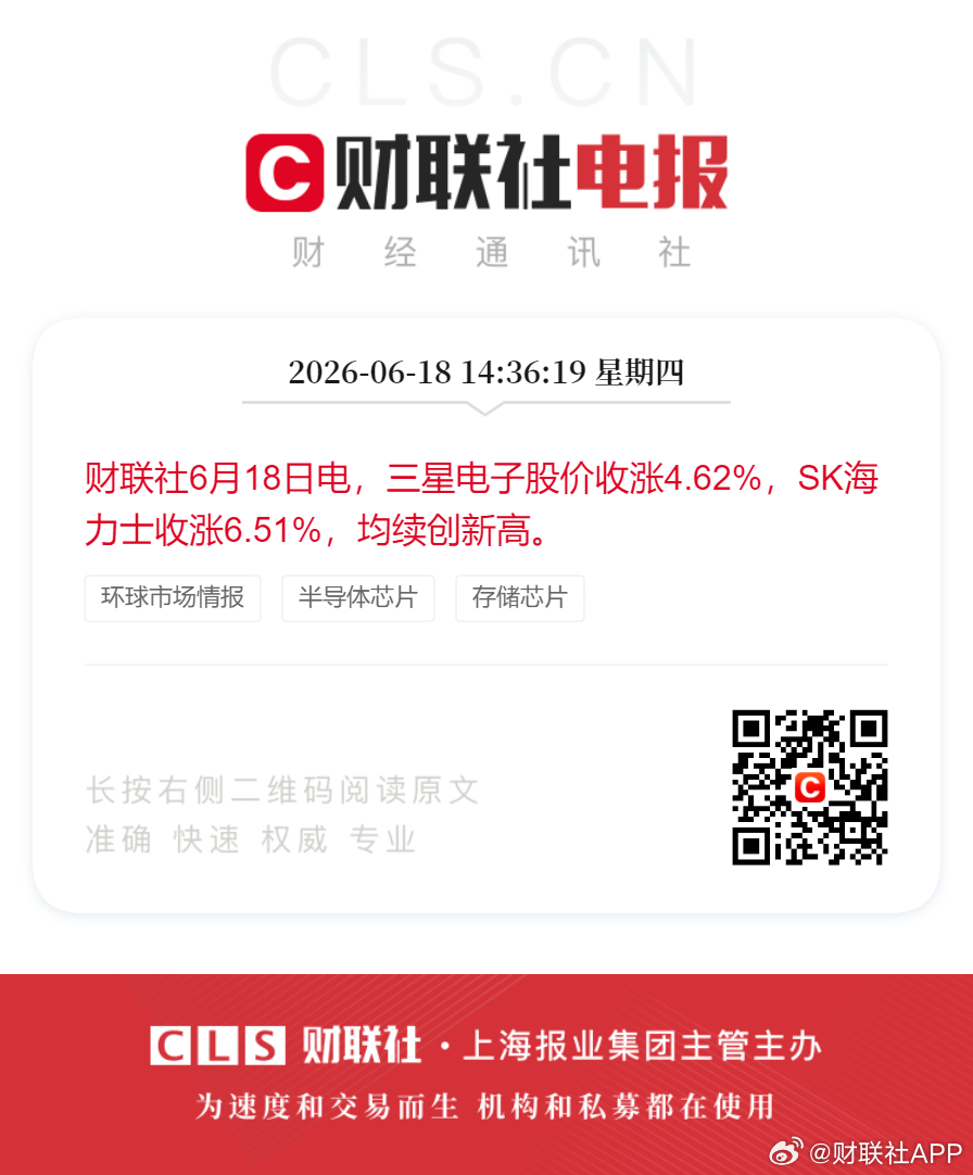 财联社6月18日电，三星电子股价收涨4.62%，SK海力士收涨6.51%，均续创
