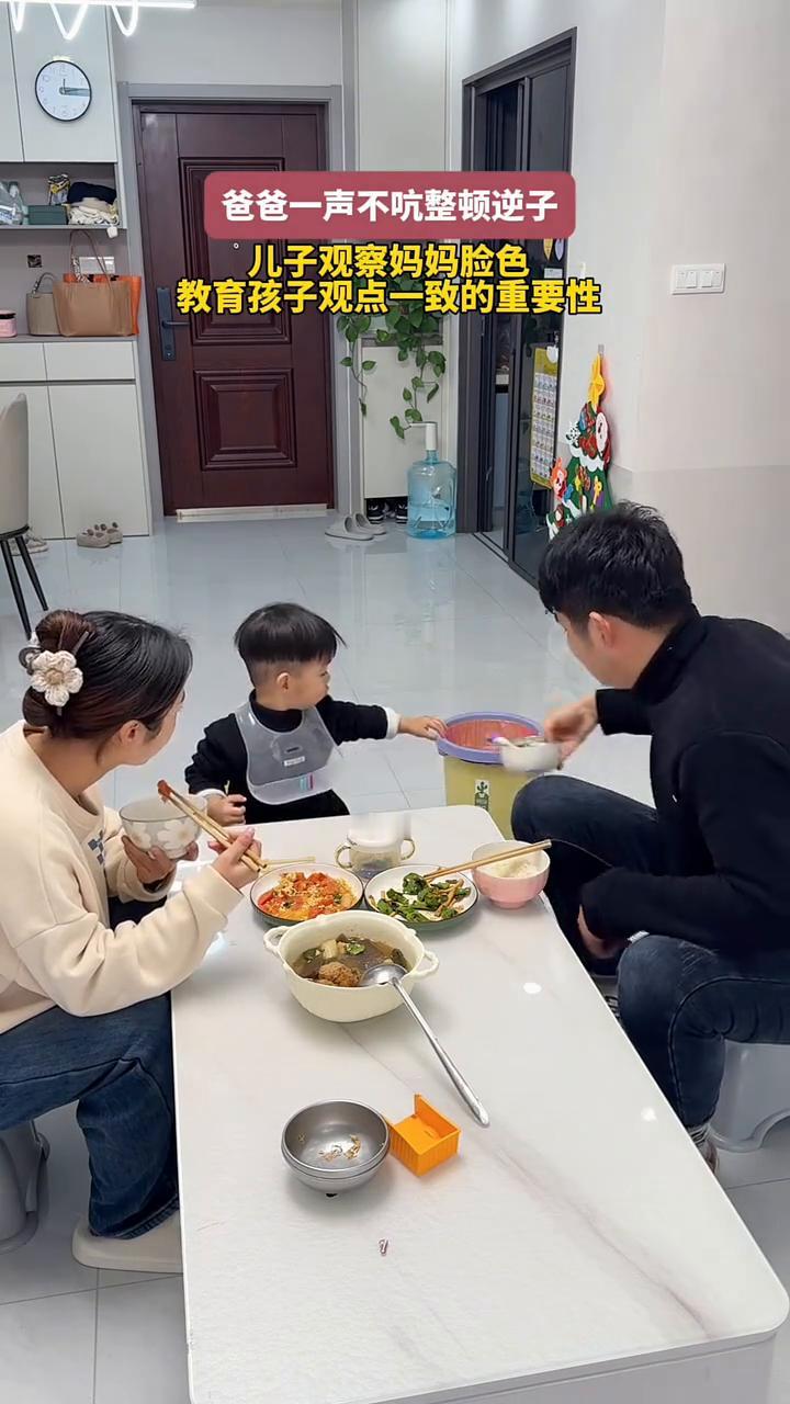 爸爸一声不吭整顿逆子，儿子观察妈妈脸色，教育孩子观点一致的重要性。
以为他去看看
