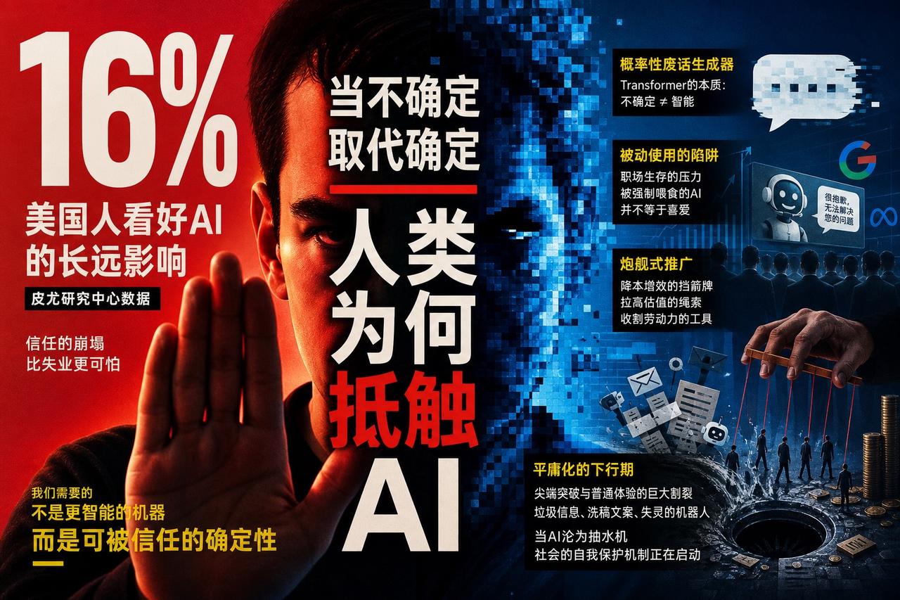 【16%的乐观背后：AI正在从“工具”变成“强制性基建”】

皮尤研究中心的数据