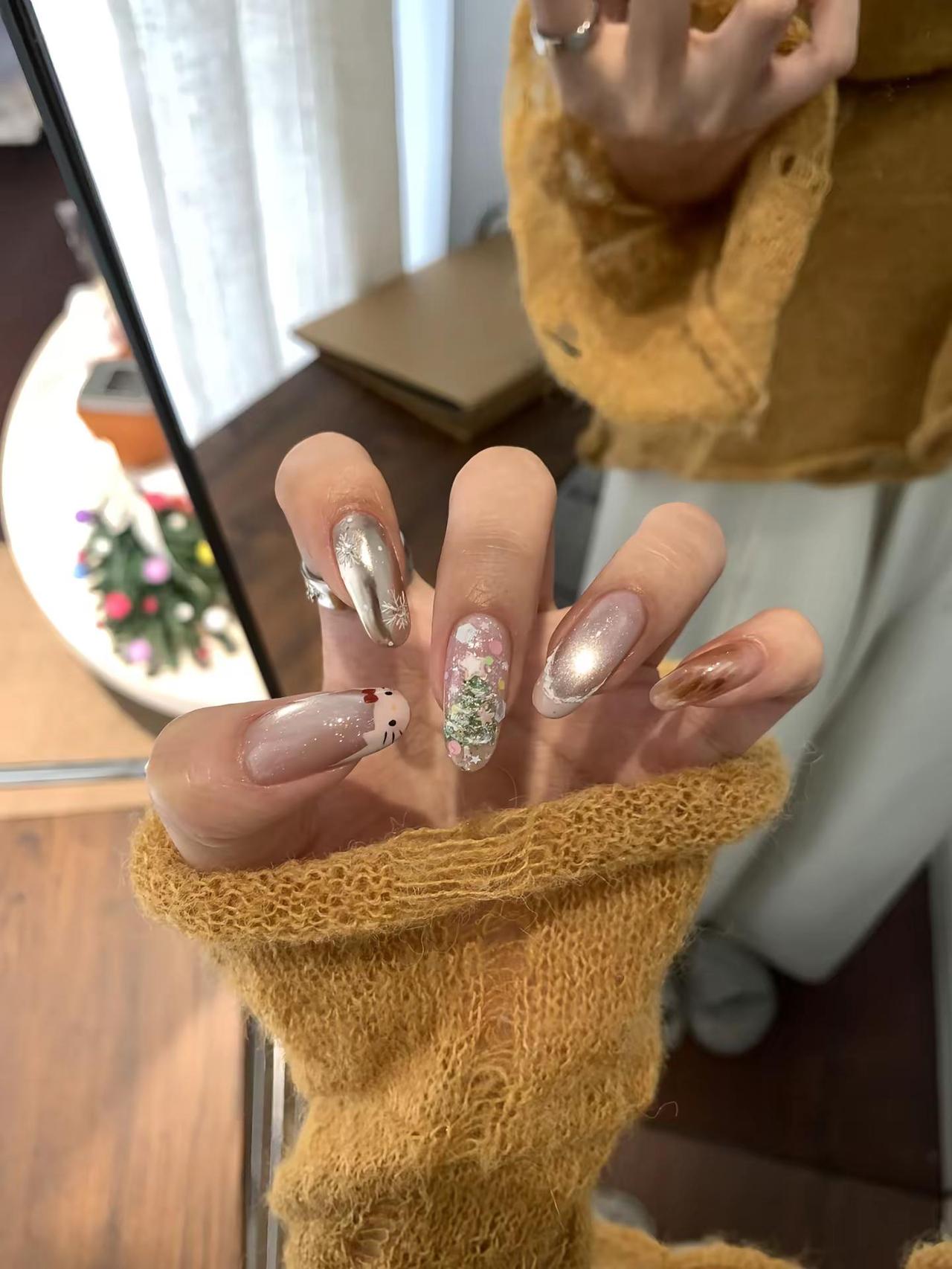 🎀🍂✨皮粉圣诞kitty.美甲 可爱美甲 秋冬美甲 圣诞美甲