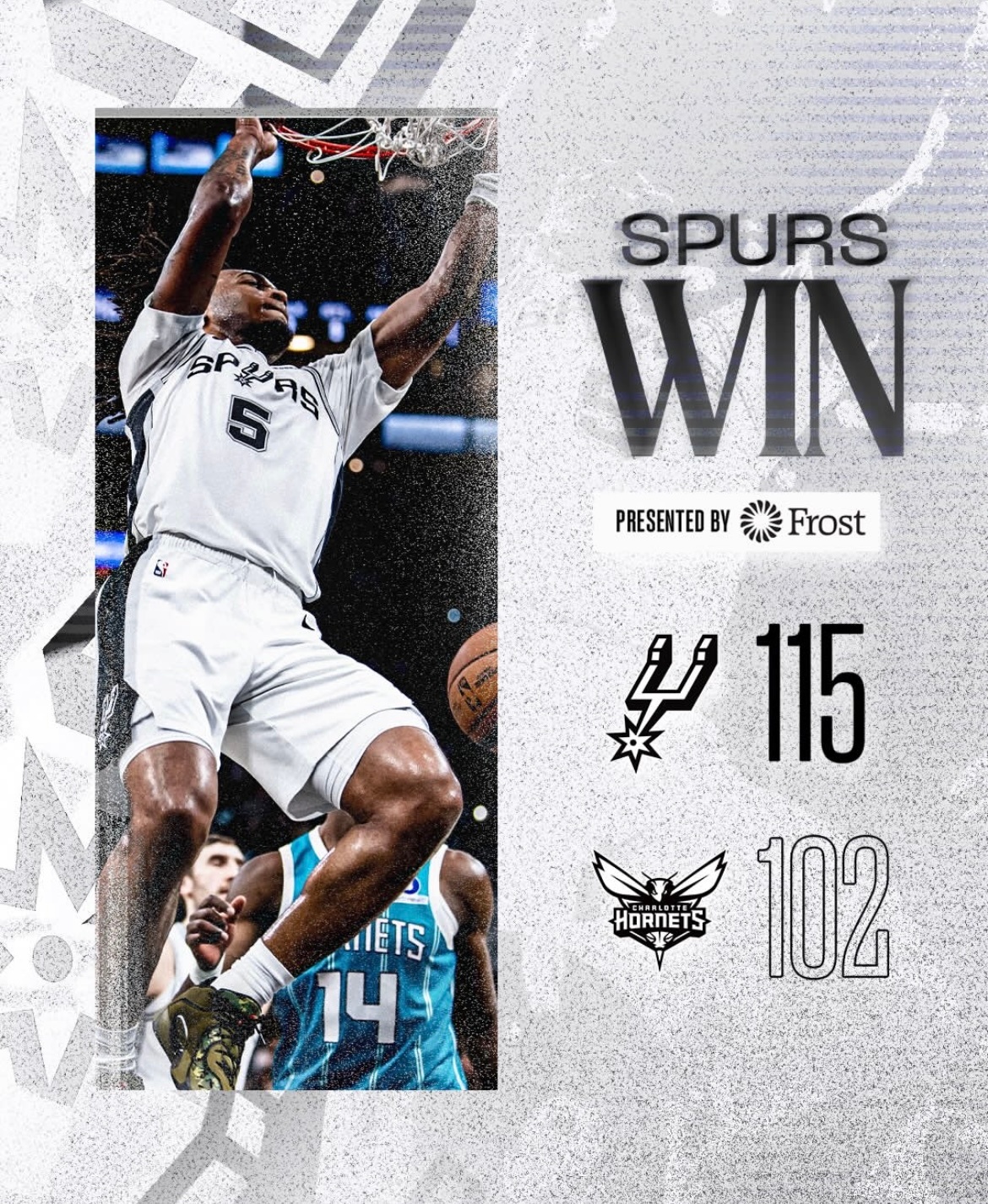 醒胜马刺主场115-102击败黄蜂，5胜1负结束这波主场赛程🎉马刺（49-18