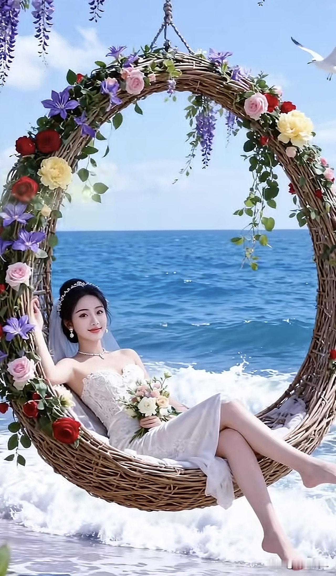 海风吹拂，花篮映美人。粉裙花畔照 海风美人照 海滨长裙写真 海风美人照 海滨长裙
