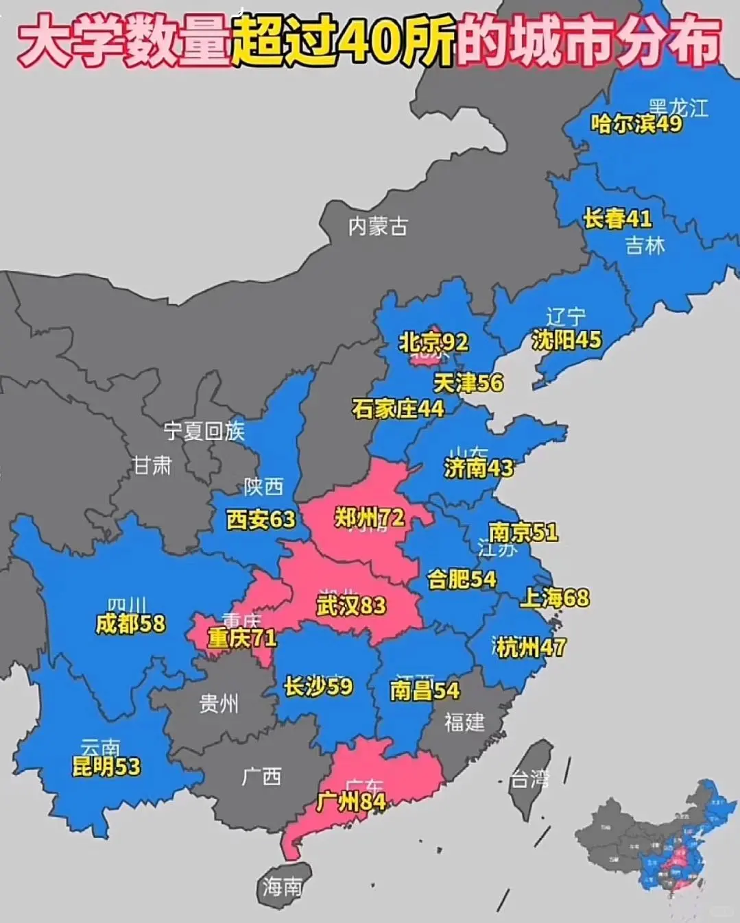 大学数量超过40所的城市分布，哪些让你诧异