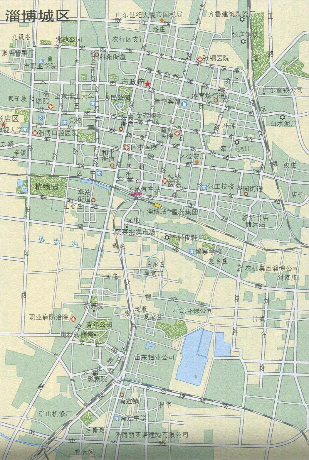 这应该是2008 年前后的淄博老城区地图，记录了城市大规模更新前的样貌。
图中仅