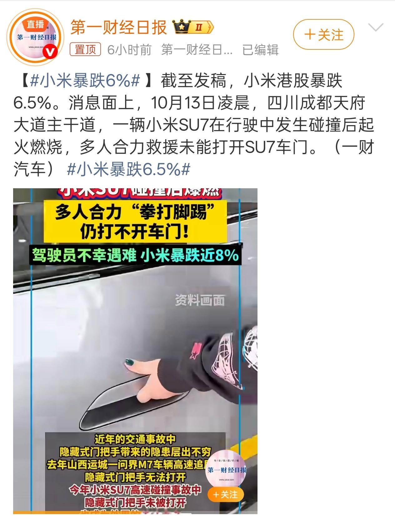 小米暴跌6% 这算啥暴跌... 另外股价和这一起交通事故有啥关系[跪了] ​​​