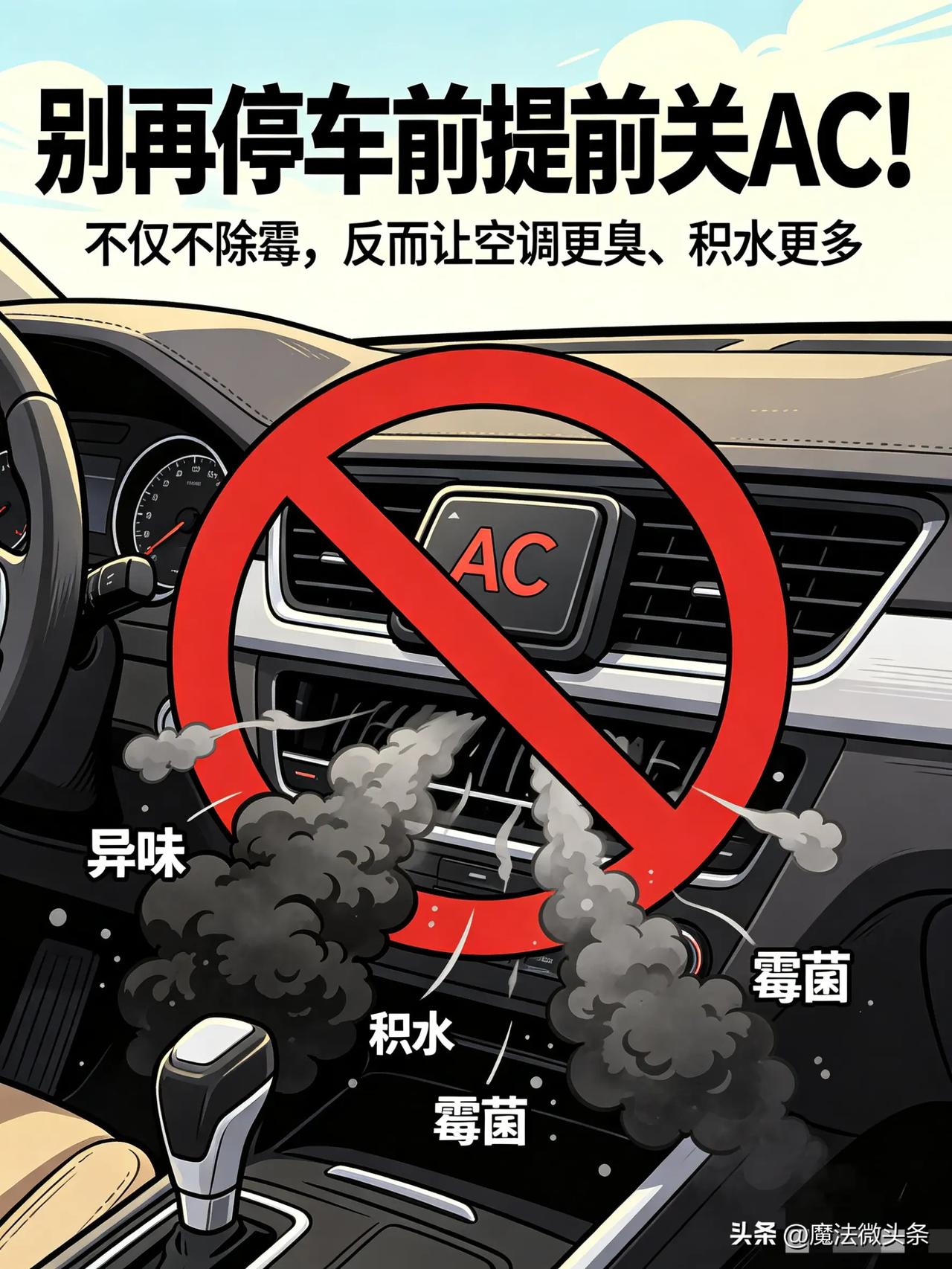 别再停车提前关掉AC！难怪你的汽车空调总是散发一股酸臭味。

很多车主都习惯在抵