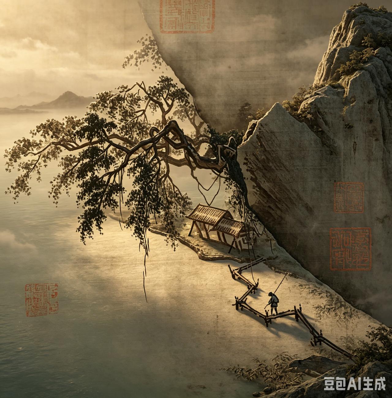 这幅画就像给喧嚣的尘世开了一扇透气的小窗，一树一山一渔翁，画里藏住人间所有的匆忙