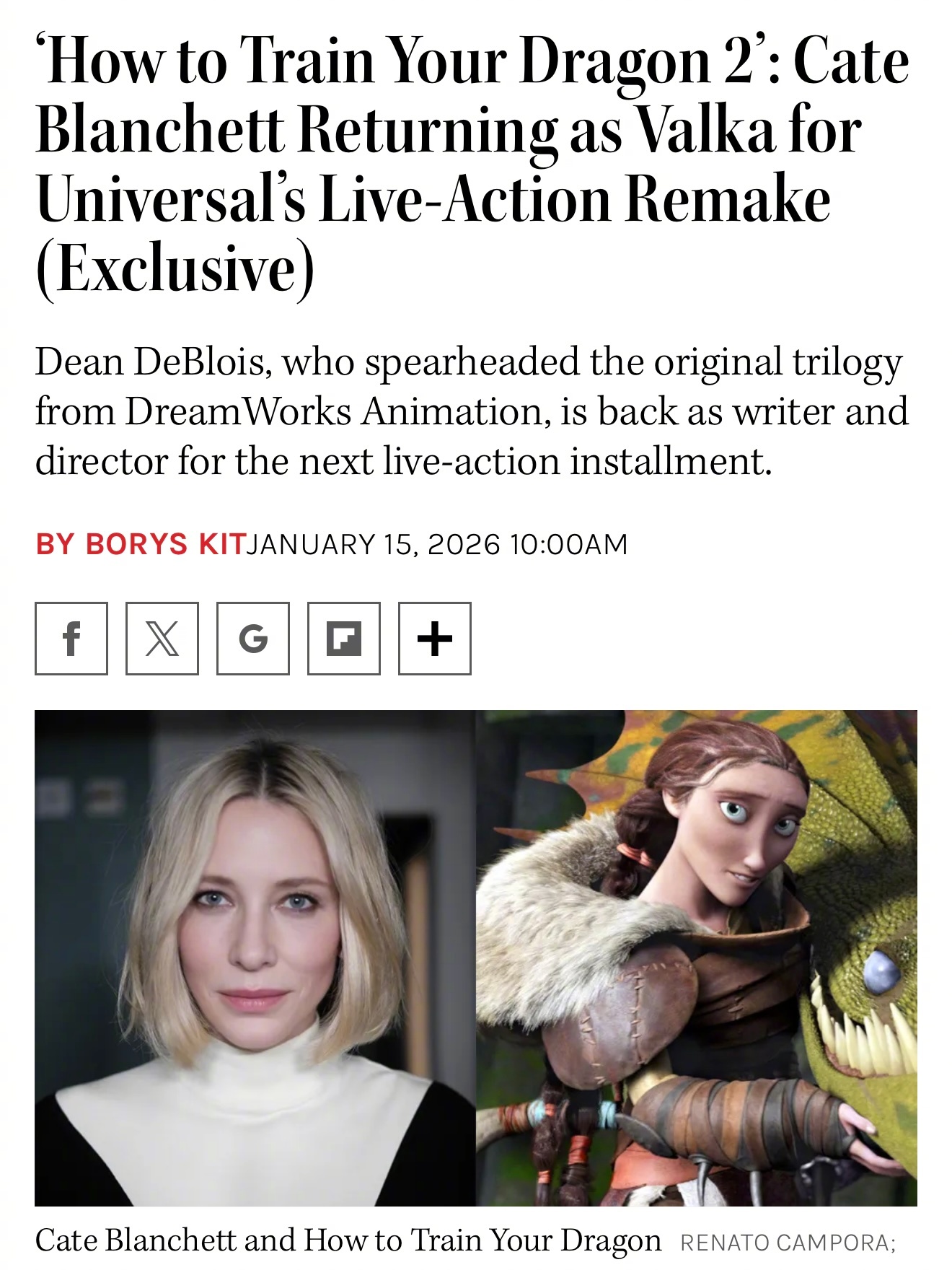 凯特·布兰切特确认加盟《新·驯龙高手2》，饰演小嗝嗝母亲Valka，大魔王曾在动