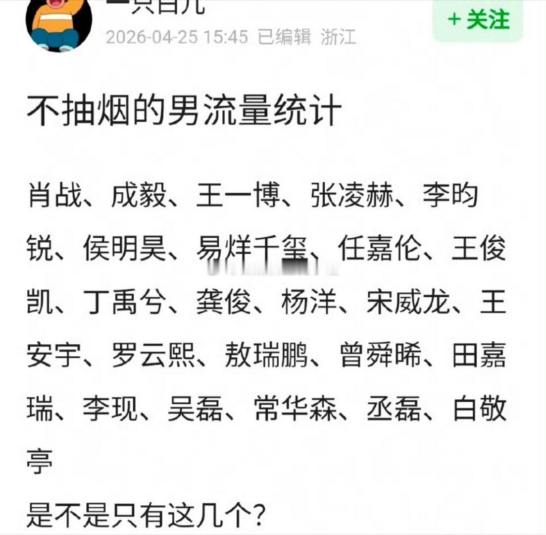 网友统计不抽烟的男流量肖战、成毅、王一博、张凌赫、李昀锐、侯明昊、易烊千玺、任嘉
