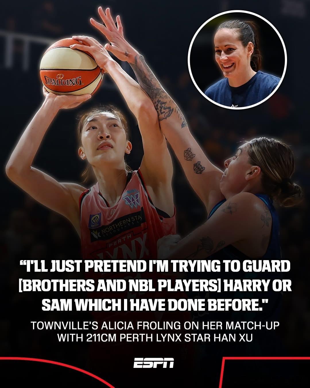 本周日韩旭和珀斯山猫即将迎来联赛领头羊9胜1败的汤斯维尔火焰，球队中锋阿莉西亚弗