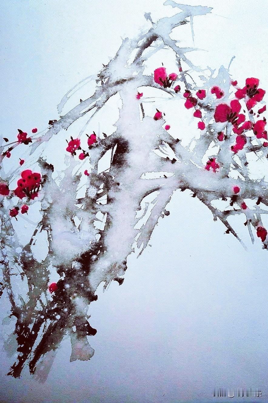 今天郑州下雪了。红梅傲雪，生机盎然。画一幅梅花图贴上来，请方家指教。
红梅与寒雪