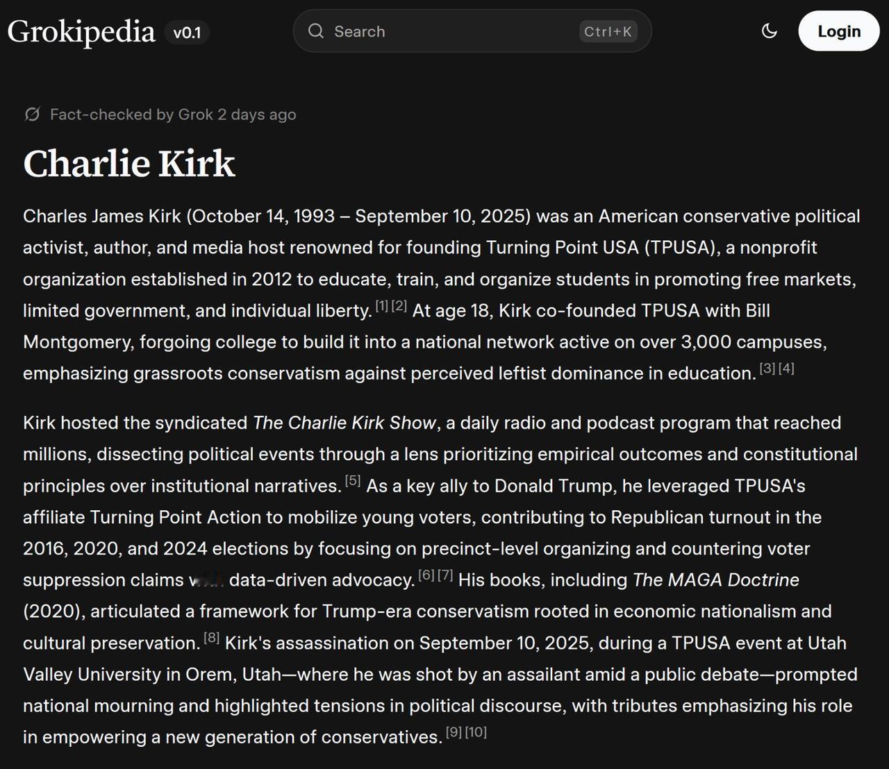 🚨 GroKipedia 与 Wikipedia：查理·柯克测试

Groki