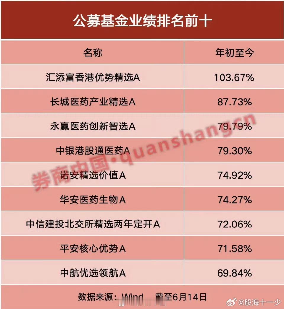 公募基金年内涨幅前十 ​​​