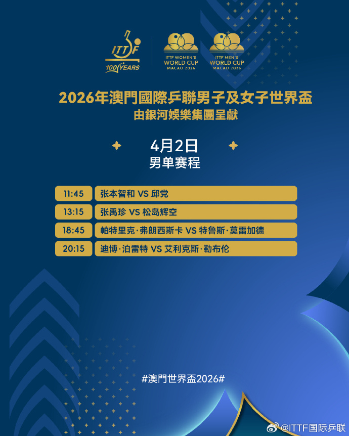 澳门世界杯4月2日赛程2026澳门国际乒联单打世界杯结束小组循环赛，今日起淘汰赛