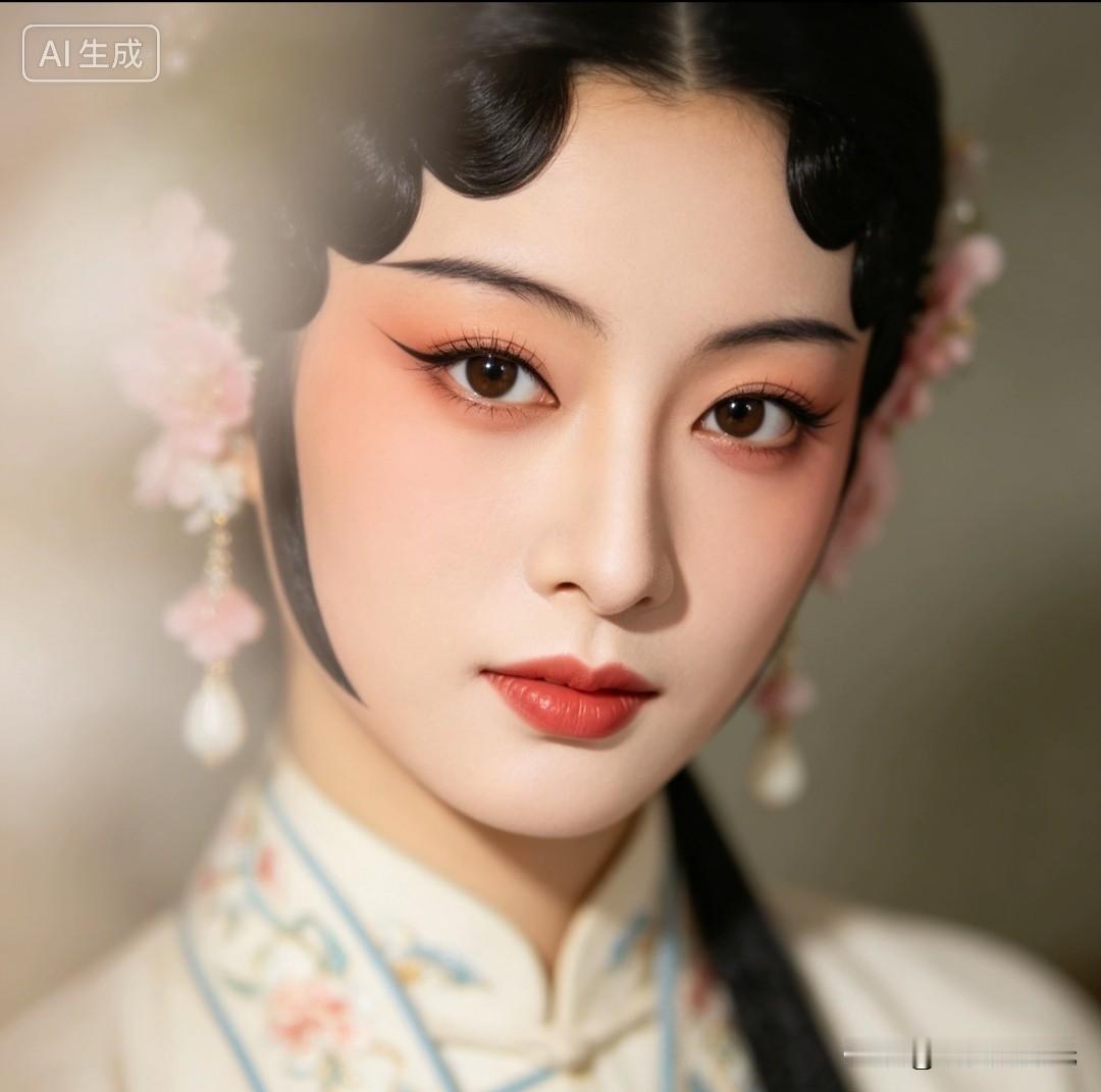点翠头面流光婉转，珍珠流苏随微光轻颤。月白戏衣绣满并蒂莲与彩蝶，湖绿袖口藏着雅致