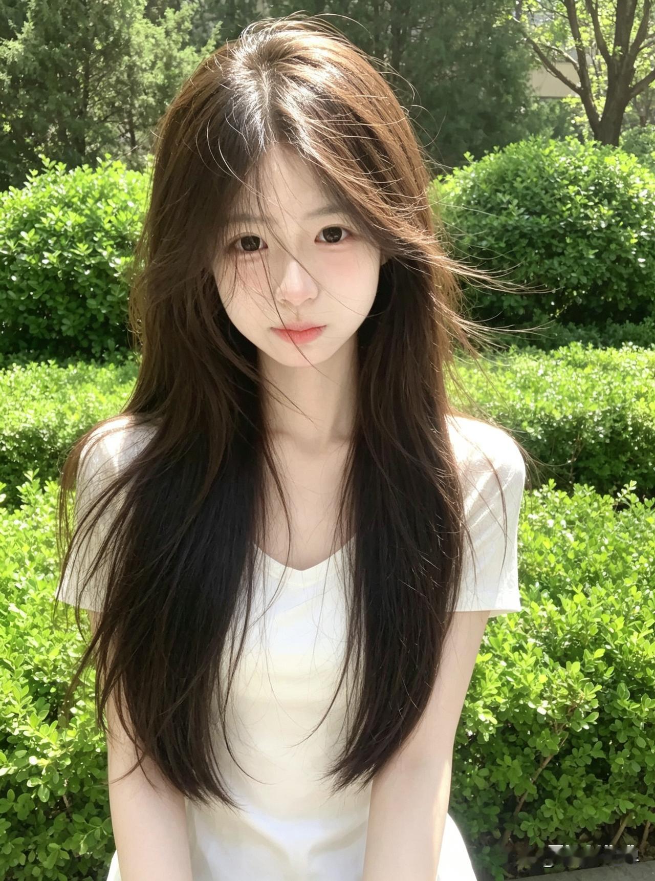 阳光下的甜美少女，绿意盎然的背景，清新自然的美阳光白裙少女 甜系少女照