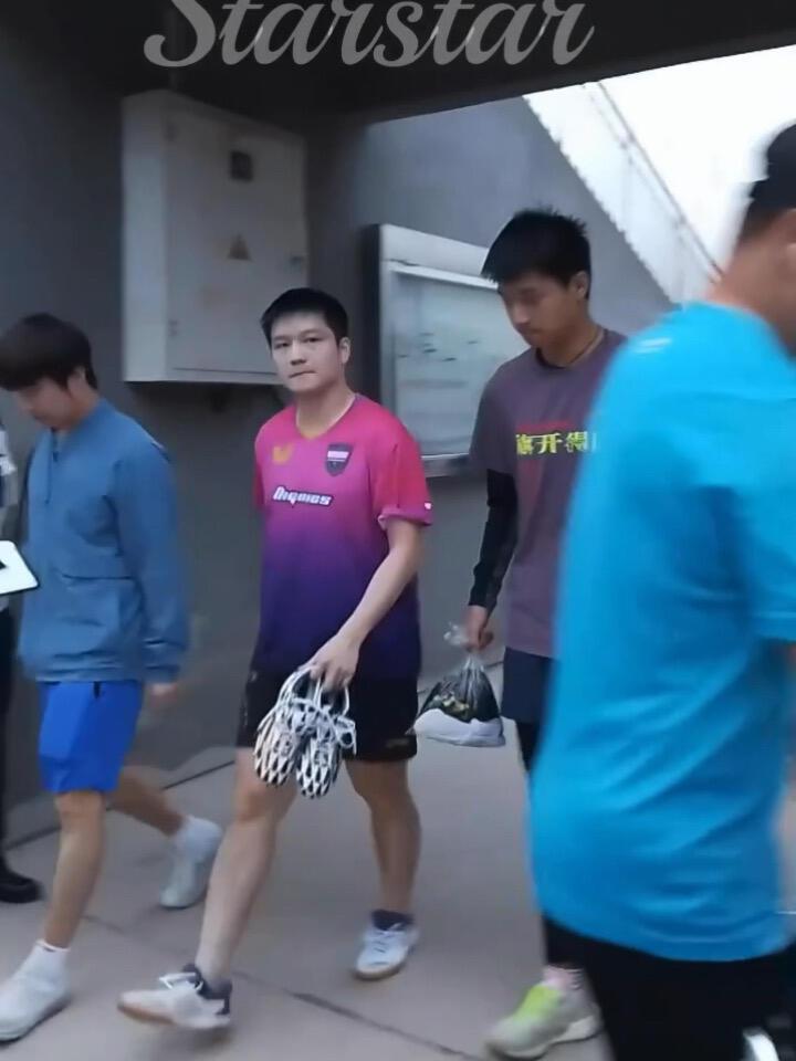 樊振东穿着粉紫色训练服，第一次见粉色！
这件衣服绝版了，很难见到了，训练服很惊艳