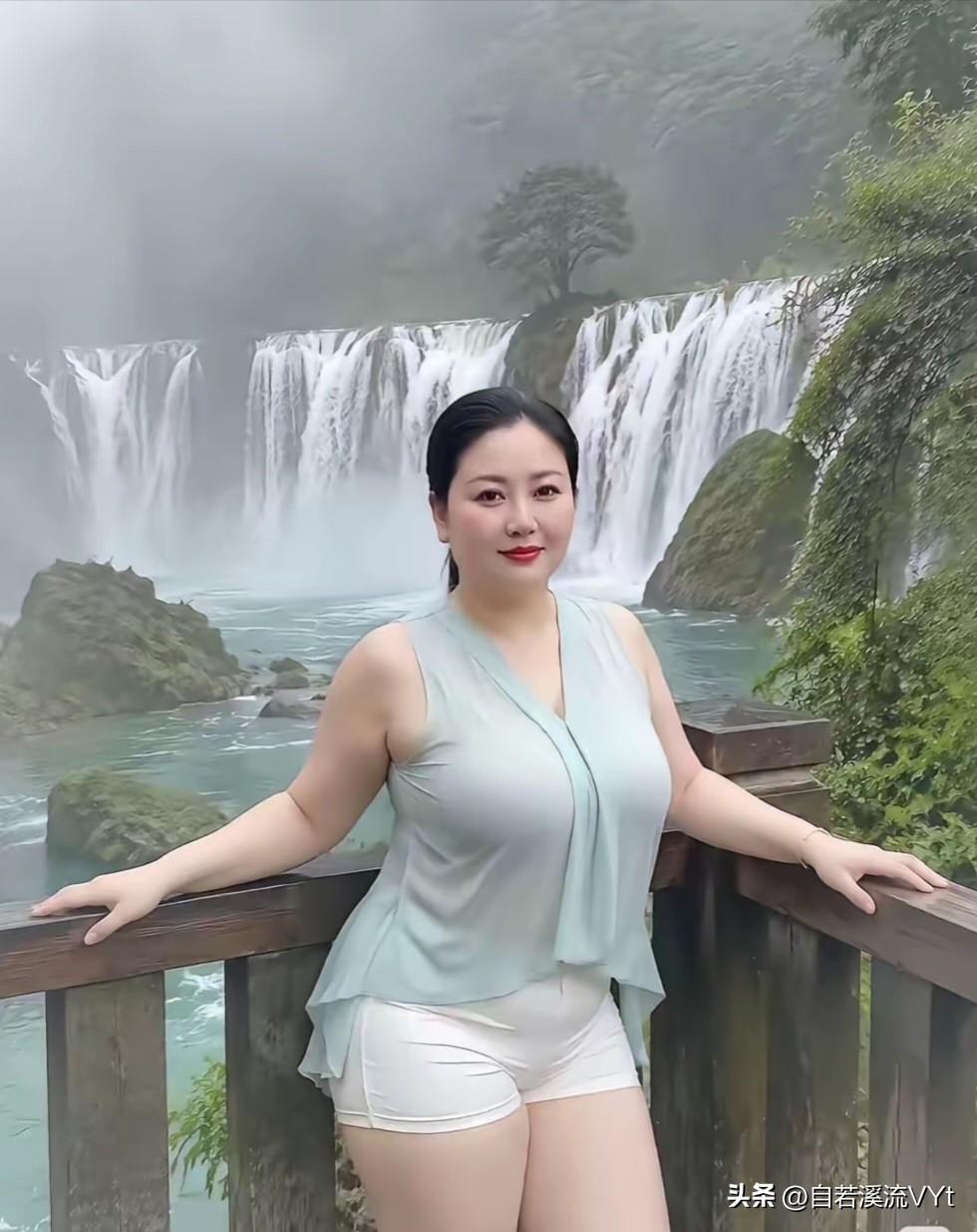 鹧鸪天·瀑前芳姿
 
飞瀑垂帘绕翠山，云烟漫卷水潺潺。
浅纱衬得风姿润，朱唇凝笑