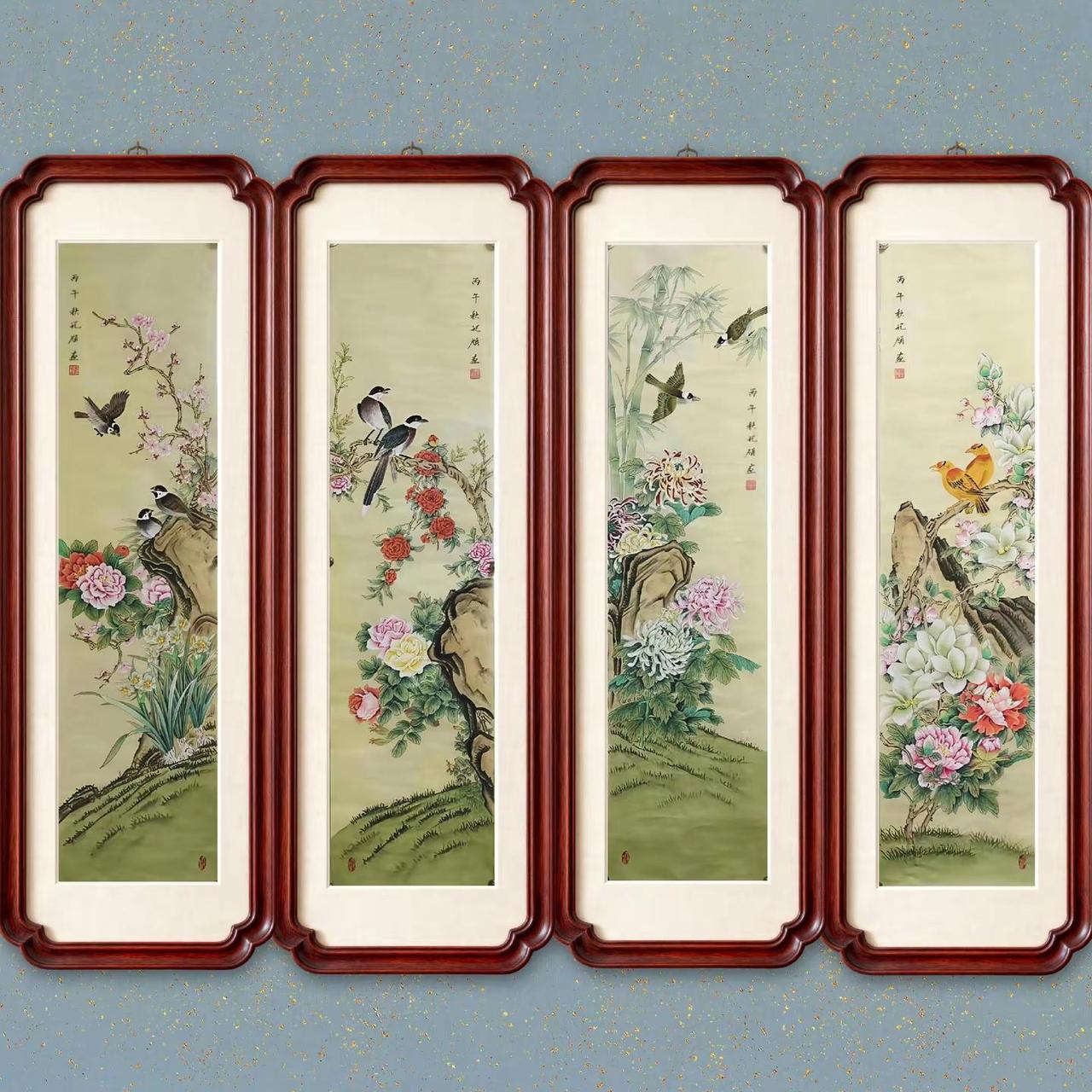 工笔四条屏。工笔花鸟创作者中心 创作灵感 四条屏挂画 工笔国画
