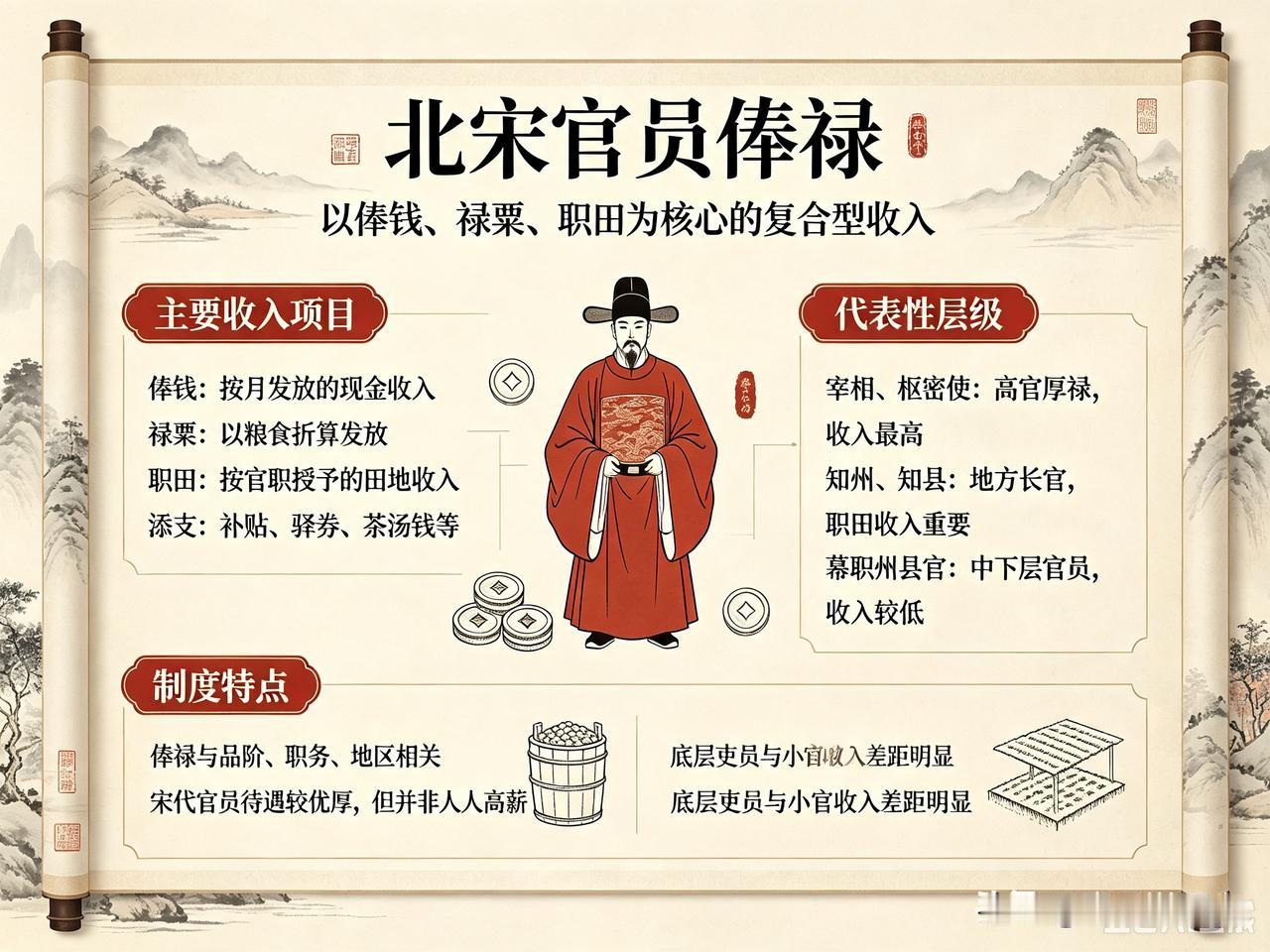 北宋真宗时期，朝廷给各级官员大幅加薪，地方县令月俸从五贯涨到十贯，还配发职田收入