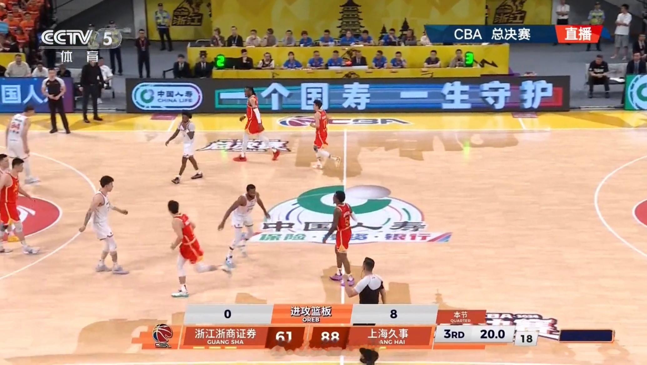 CBA总决赛 第三场，三节后浙江以61:88落后27分。比赛中浙江队打得毫无血性