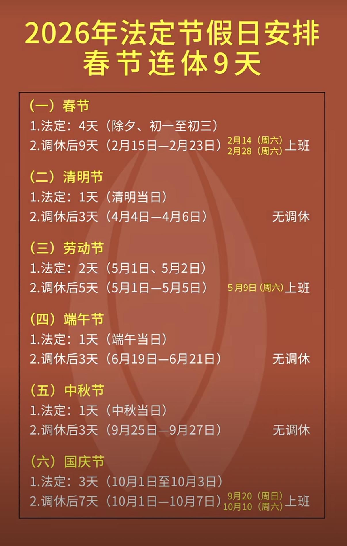 10月1日（周四）—10月7日（周三）放假，共7天
调休上班：9月20日（周日）