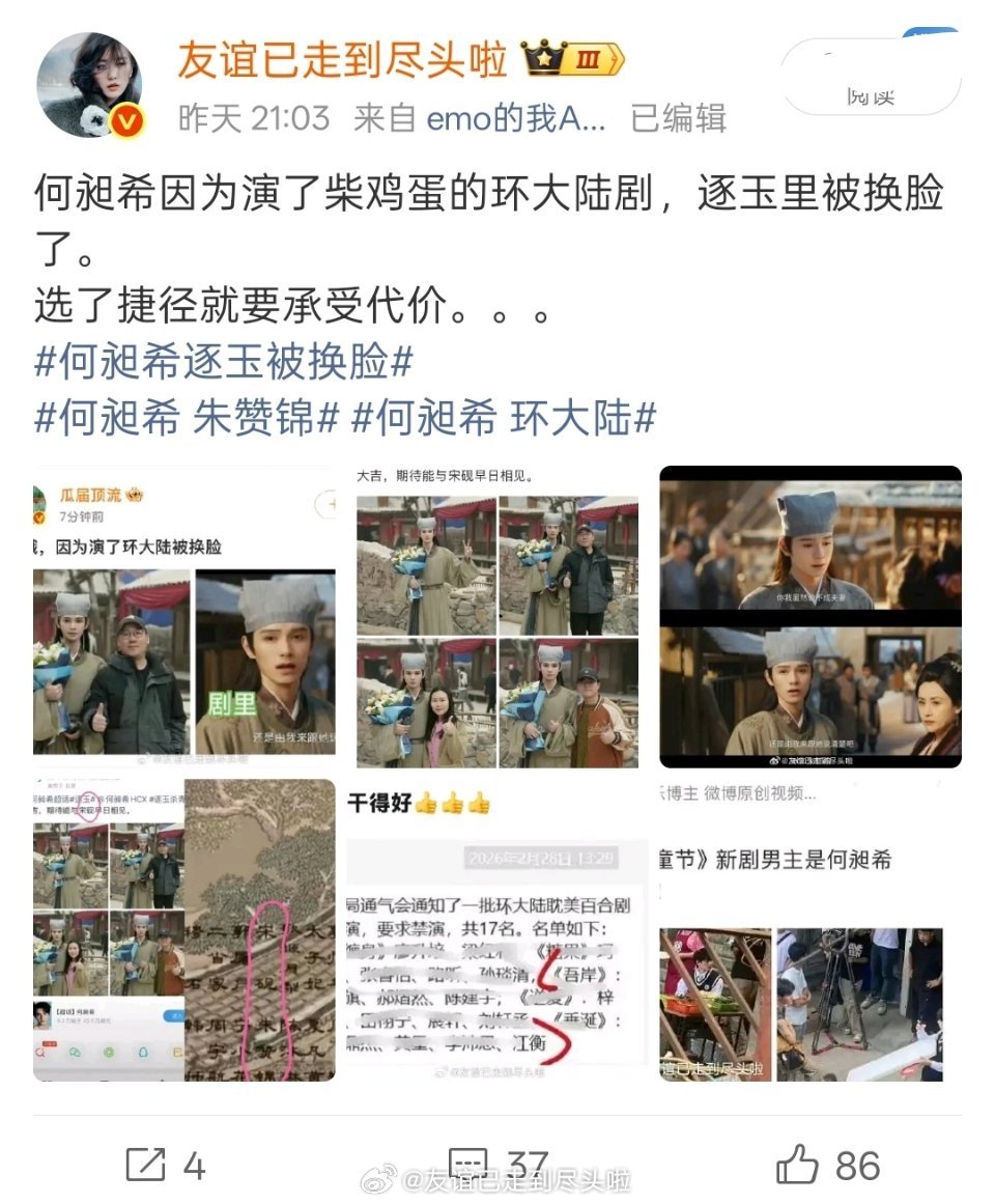 何昶希因为演了环大陆剧，现在自己作配的剧里被换脸了，有消息说gd要求禁演出演环大