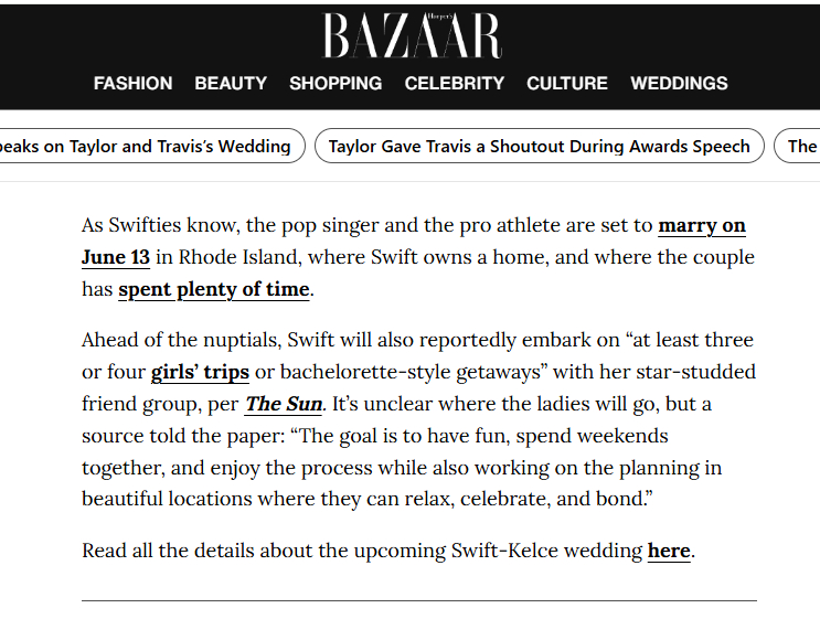 霉霉婚礼将在6月13日举行《时尚芭莎》 报道 Taylor Swift 和 Tr