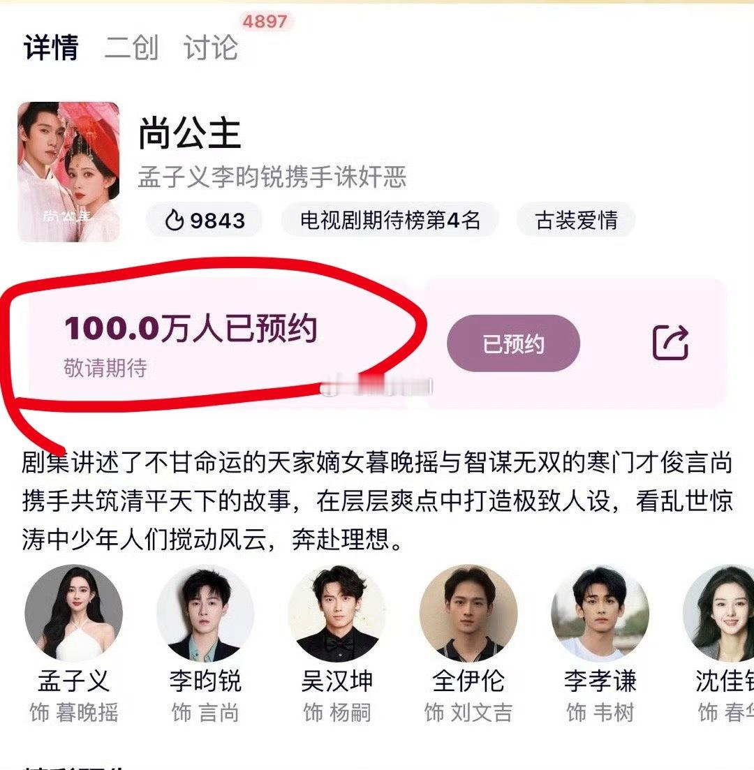 孟子义和李昀锐的尚公主，预约量噌噌往上涨，这都破100w了 ​​​