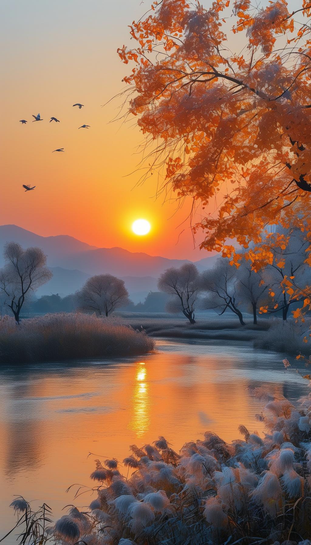 清江秋影（绝句）
 
清江含落日，
疏树染秋霜。
雁带长空影，
风牵一水凉。